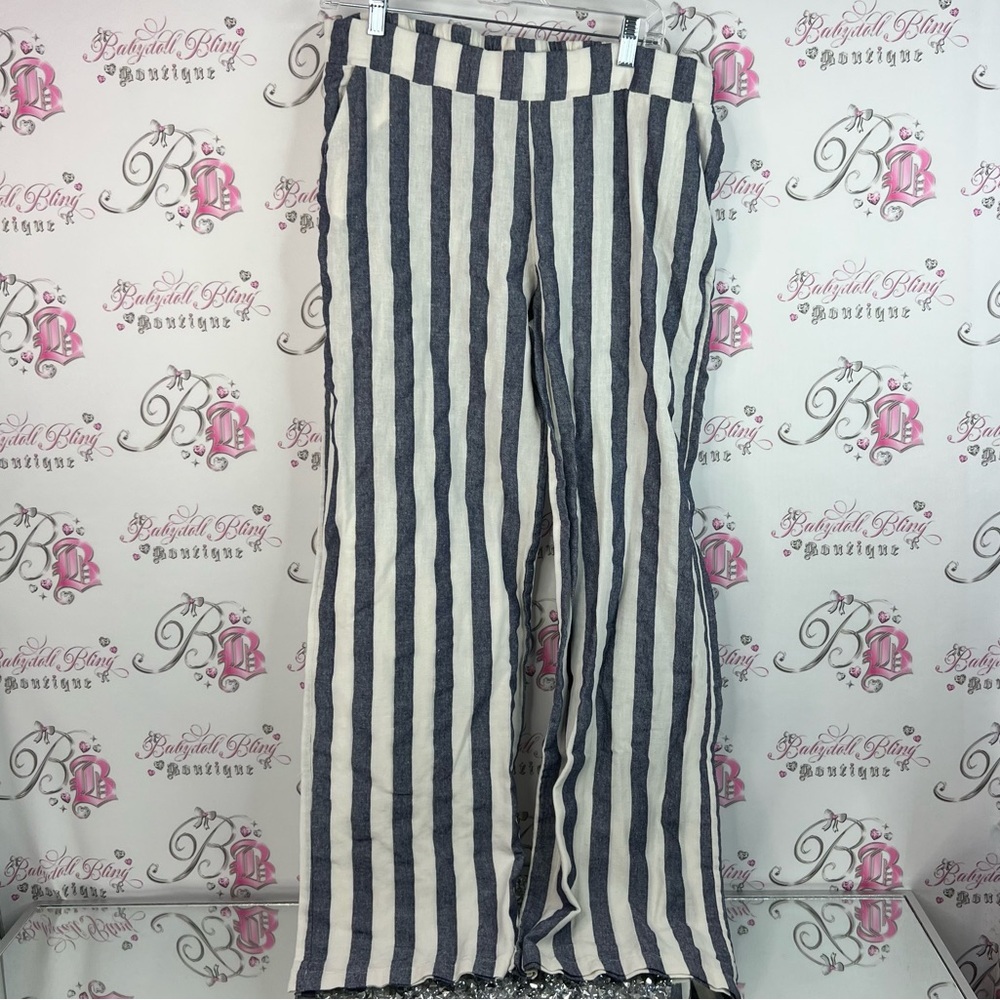 Striped pants Wide-Leg Pants flare light blue grey and white stripes pin stripe